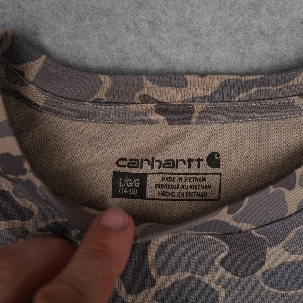 Carhartt T-Shirt Kids L 14/16 Grey Duck Camo Long-Sleeve Graphic CA6752T Logo